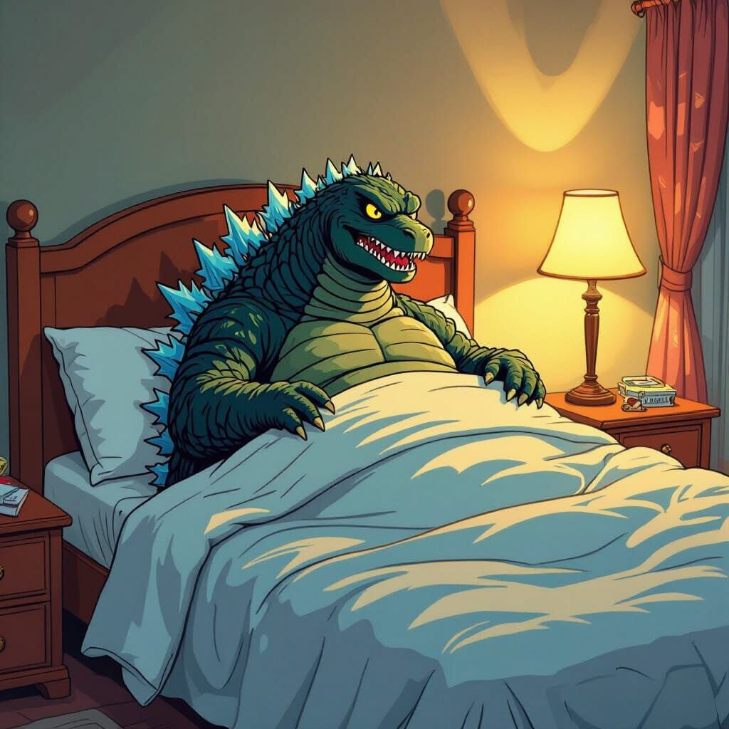 Godzilla Comically Relaxing in Bed