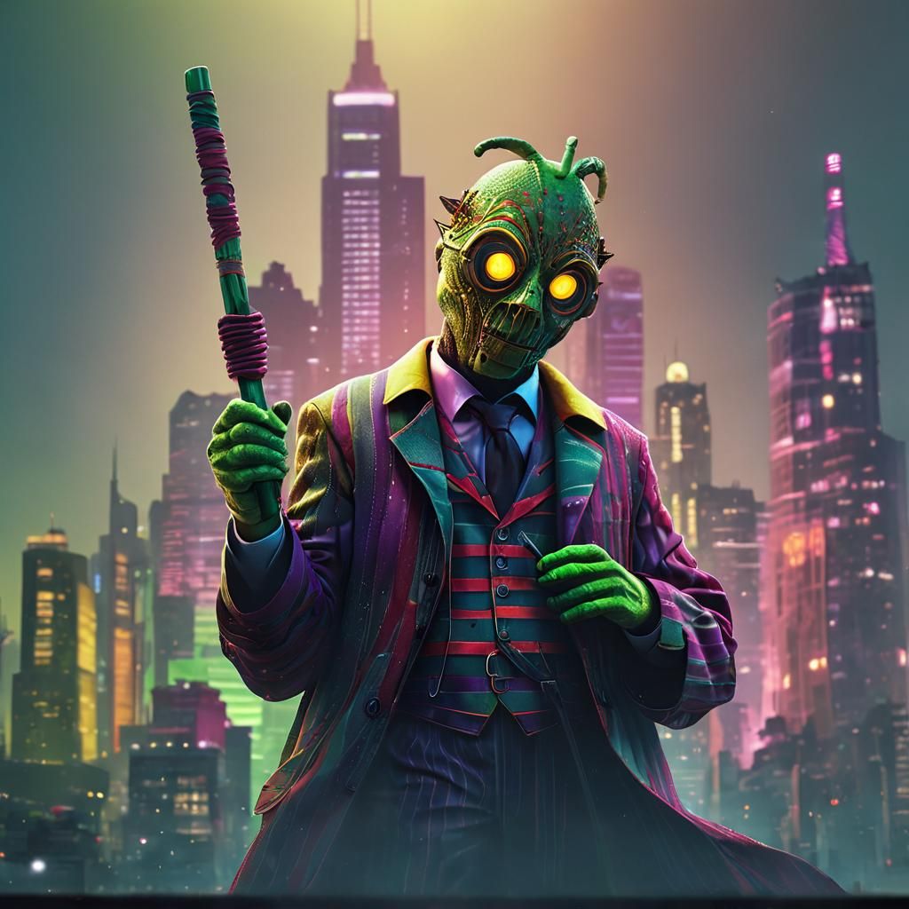 Lime Candyman in a Fantastical Cityscape