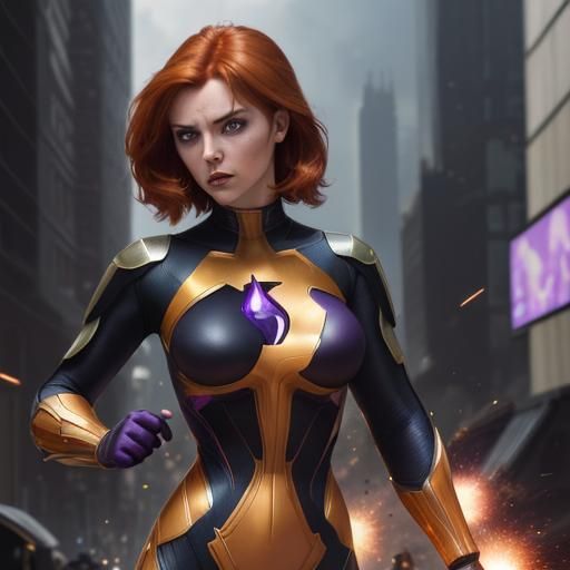 Auburn-Haired Superheroine in Urban Explosion, Alphonse Much...