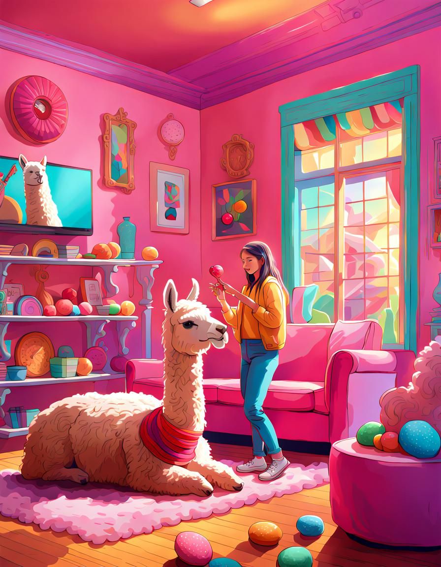 Alpaca in a living room with a girl petting him  Candy art s...
