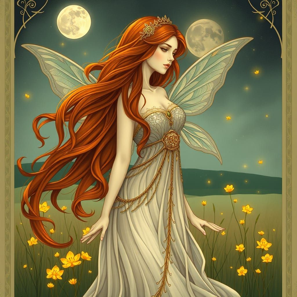 Auburn-Haired Fairy in Firefly Field, Art Nouveau Style