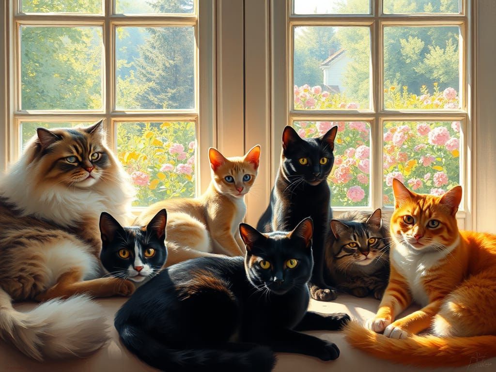 Impressionistic Cats Bask in a Sunlit Room