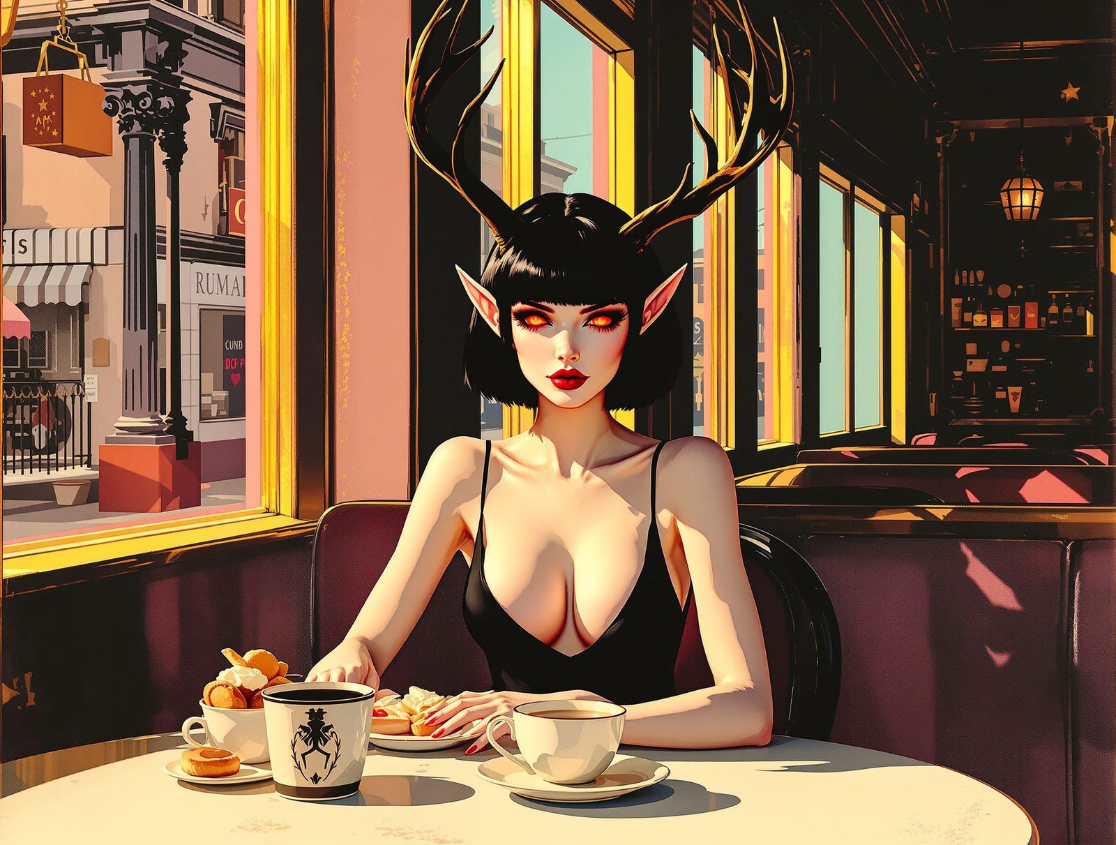 Woman with Antlers at Cafe in Chiaroscuro Style
