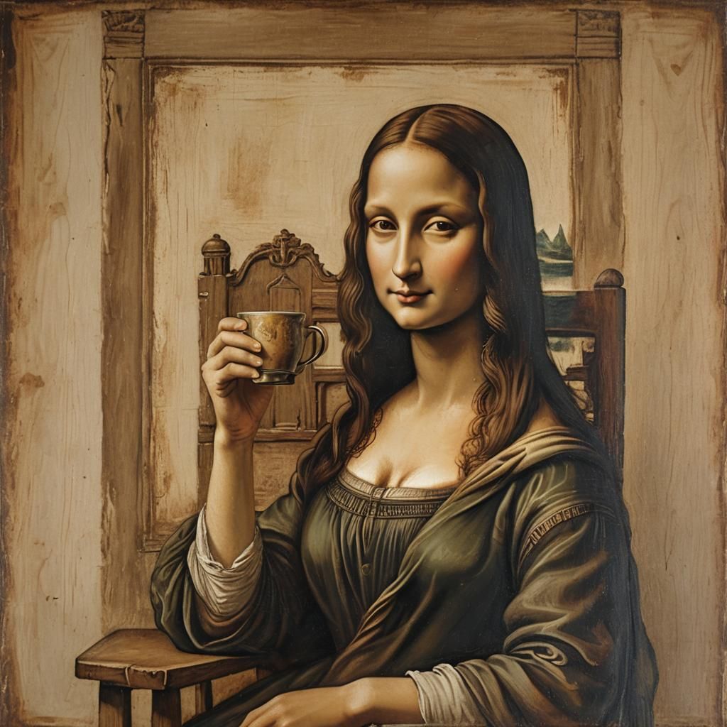 Mona Lisa Sipping Coffee: Renaissance Oil Painting