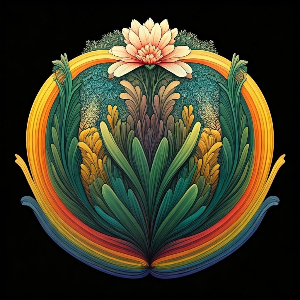 Art Nouveau Dreamscape with Vibrant Rainbow Background and S...