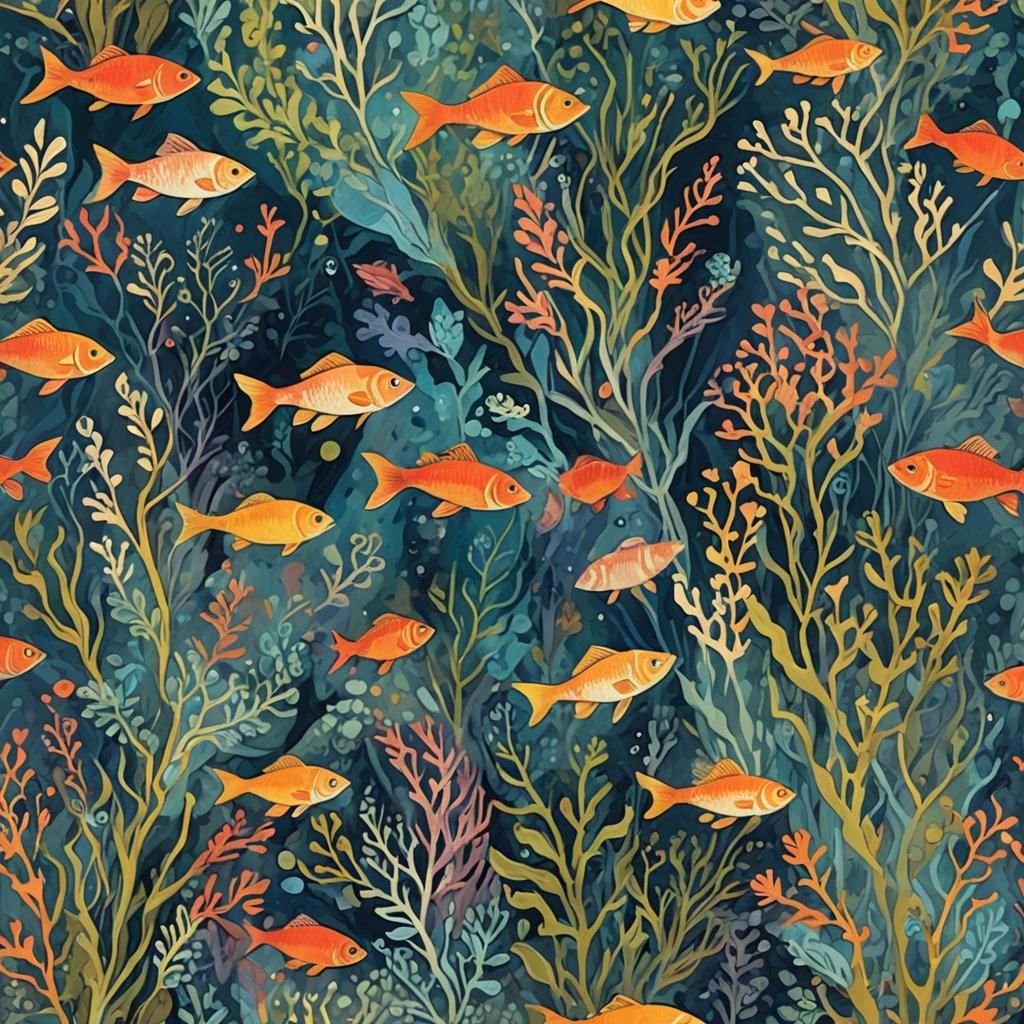 Abstract Underwater Scene with Fish and Plants