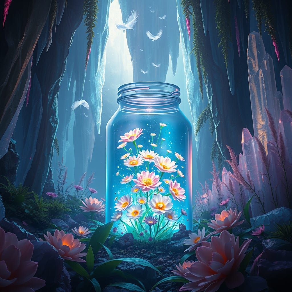 Ethereal Crystal Forest Blooms with Iridescent Flowers