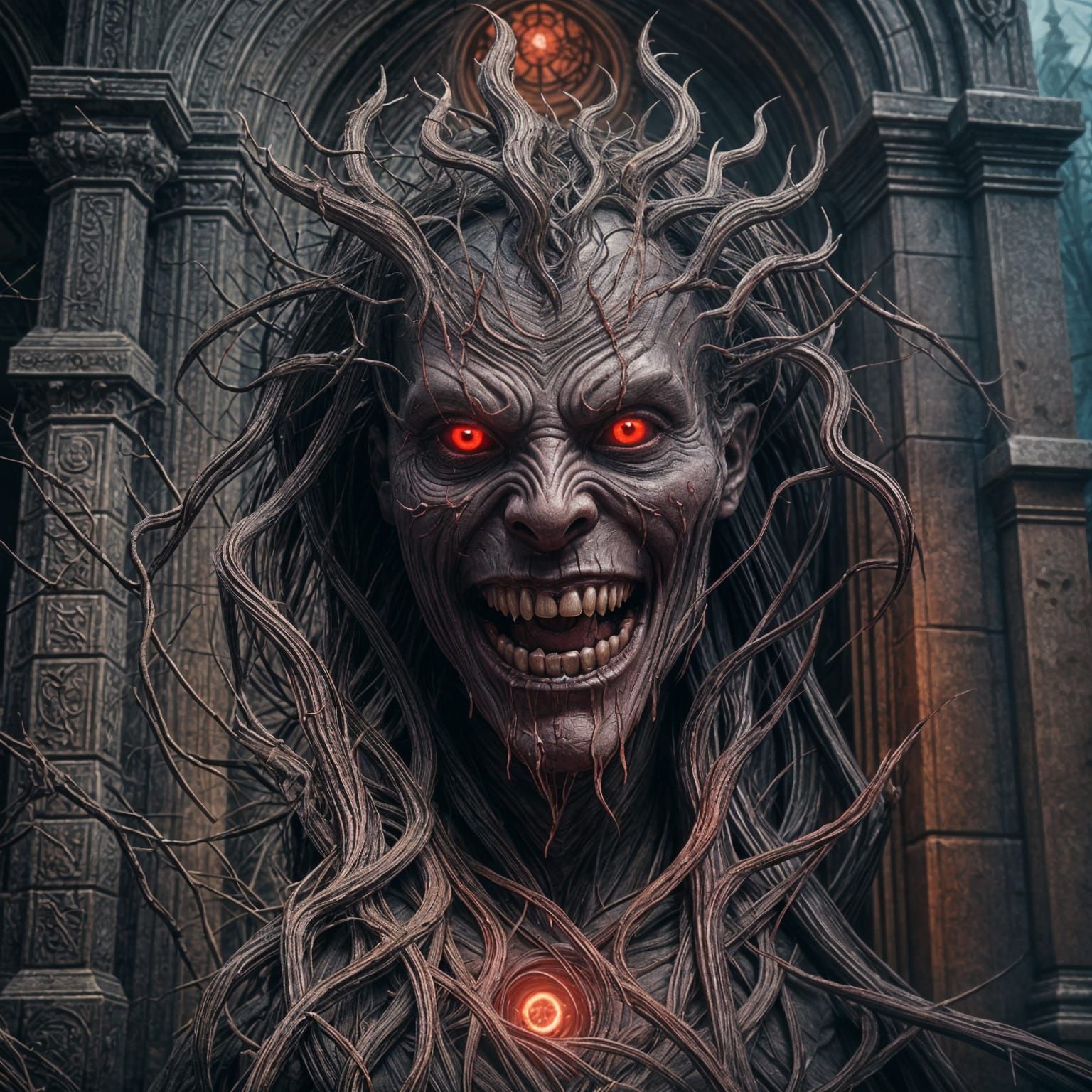 Creepy Realistic Dark Face with Red Eyes