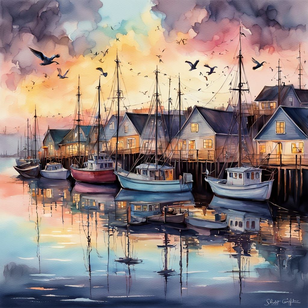 Dusk Harbor Scene with Seabirds in Watercolor