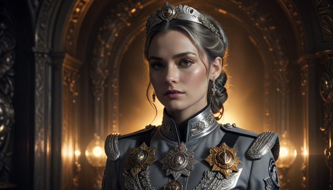 Dramatic Sci-Fi Portrait of Rose Grey in Ornate Silver Unifo...