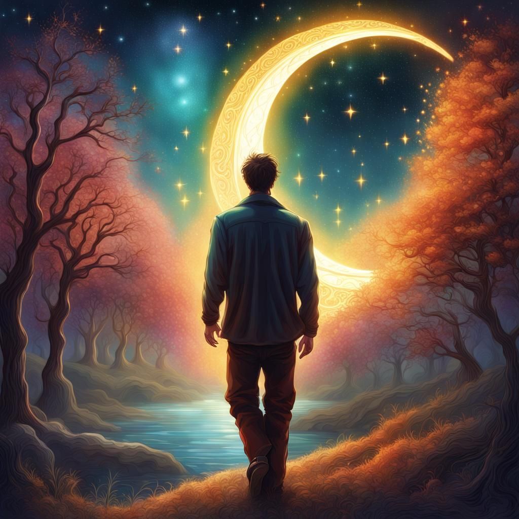 Man Watching Jeweled Stars in Fantasy Illustration