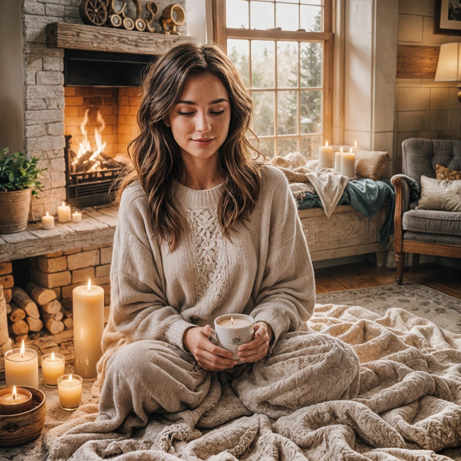Cozy Fireplace Cuddles with Soft Sunlight