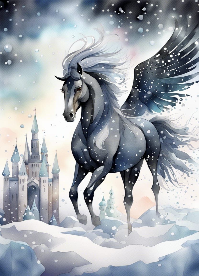 Black Pegasus at Ice Palace in Watercolor Style