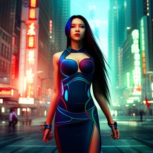 Futuristic Woman in Neon City, Digital Art