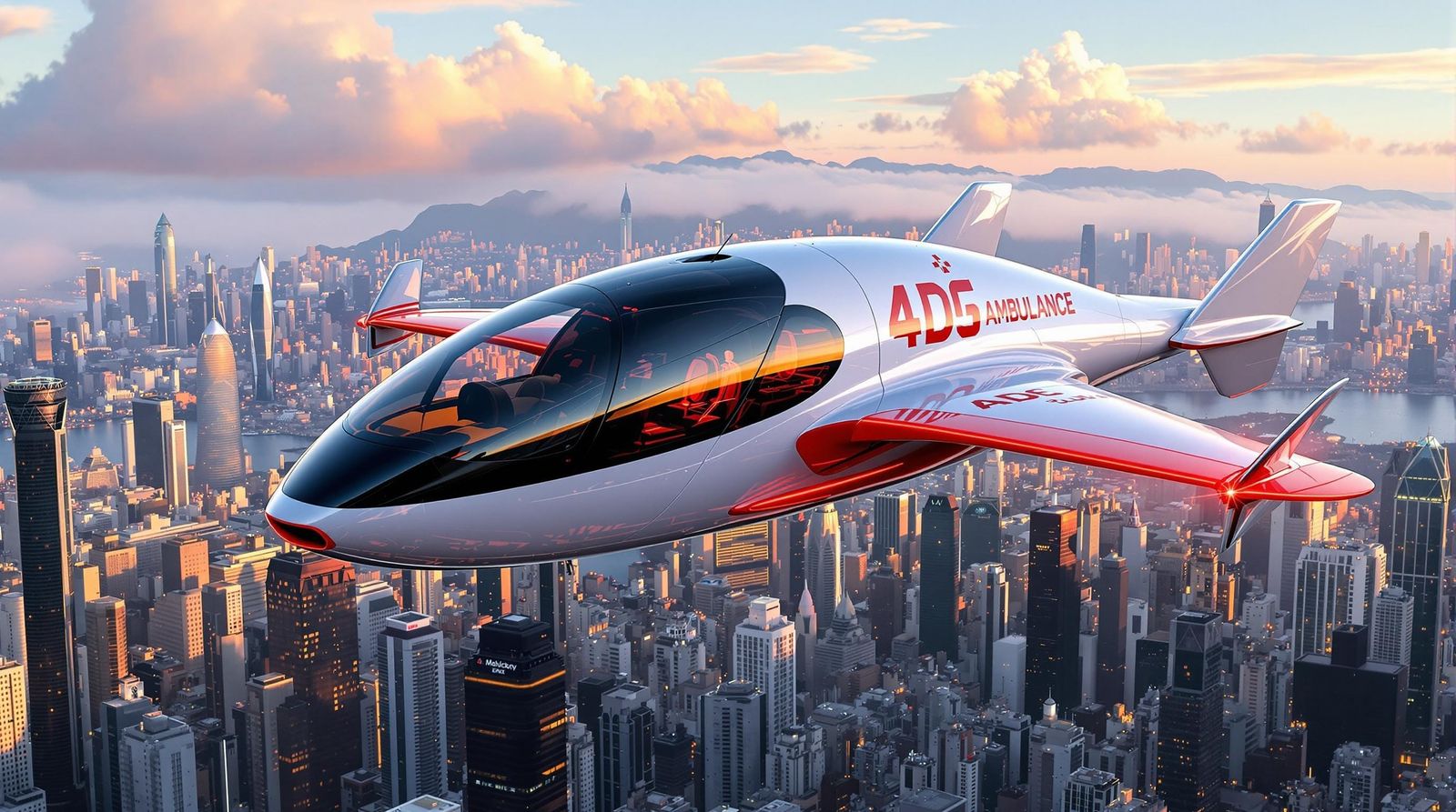 Sleek Futuristic Flying Ambulance Soars Above Hong Kong City...