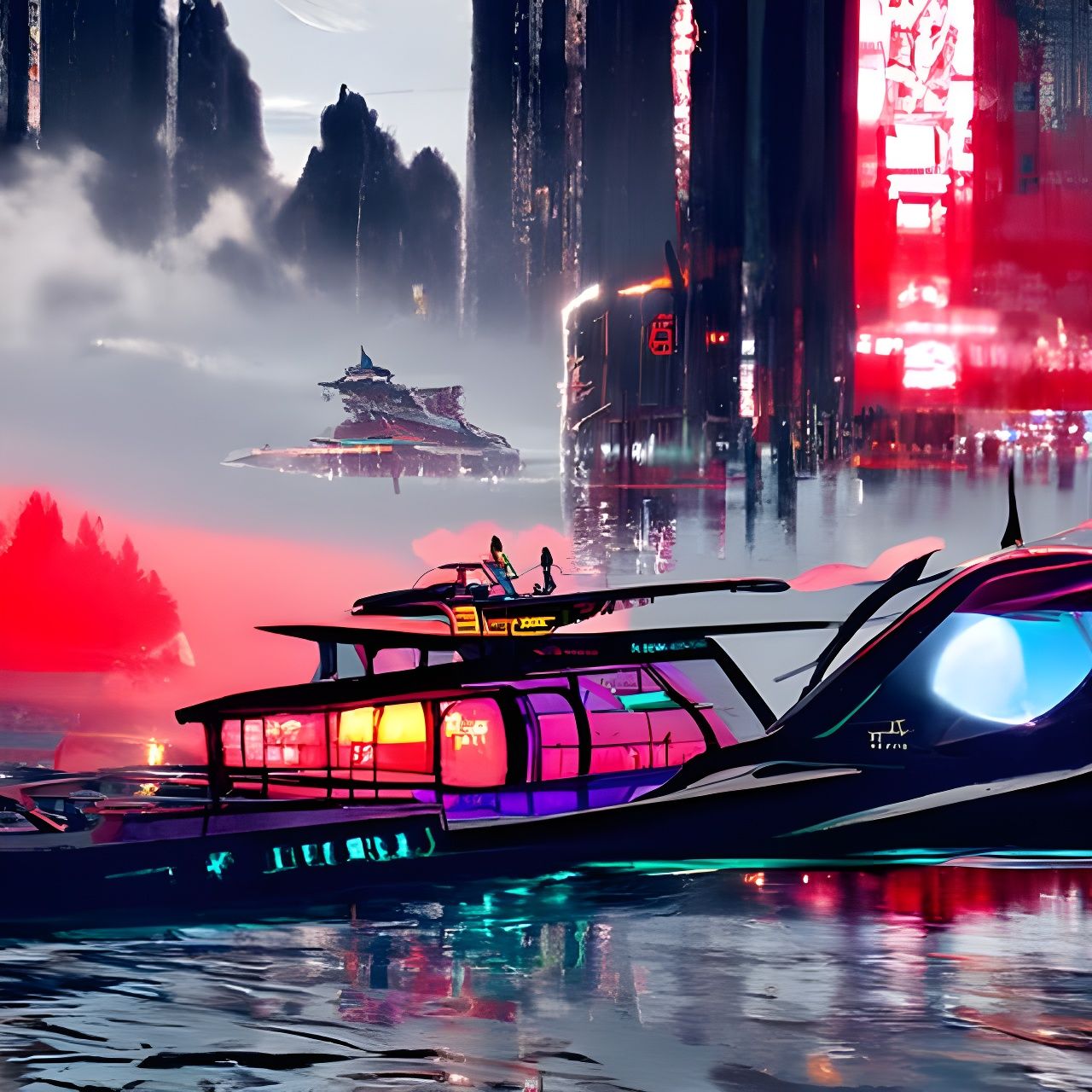 Luxury Ship on Serene Lake: Cel-Shaded Digital Art