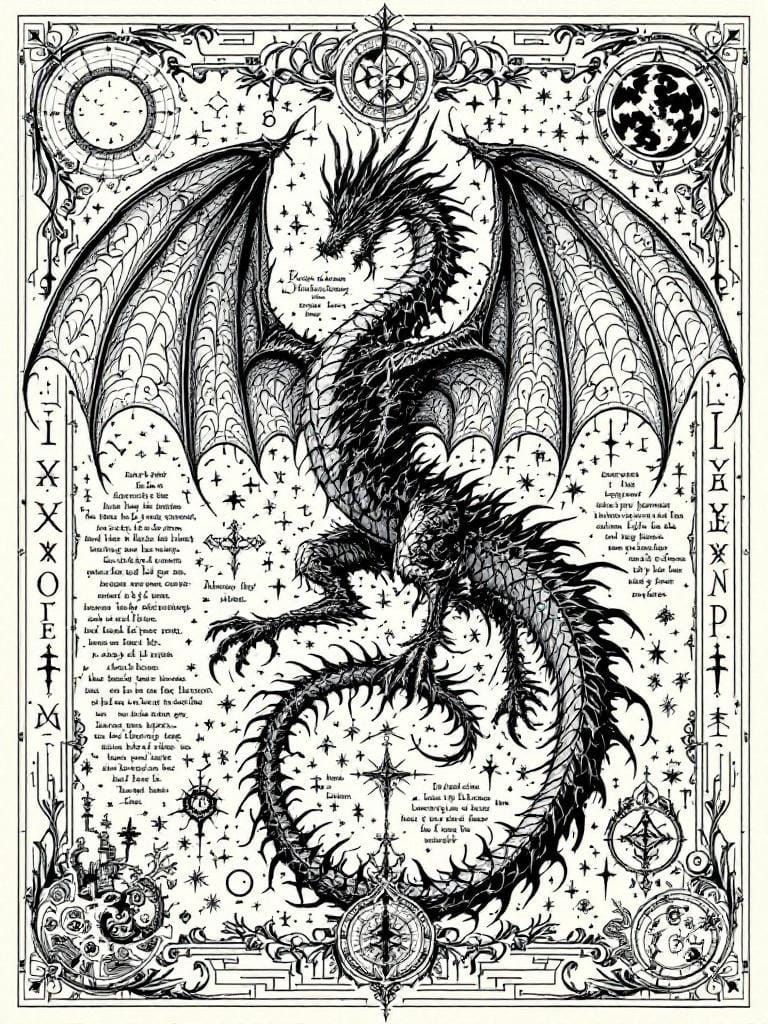 Ornate Dragon Ink Drawing on Parchment