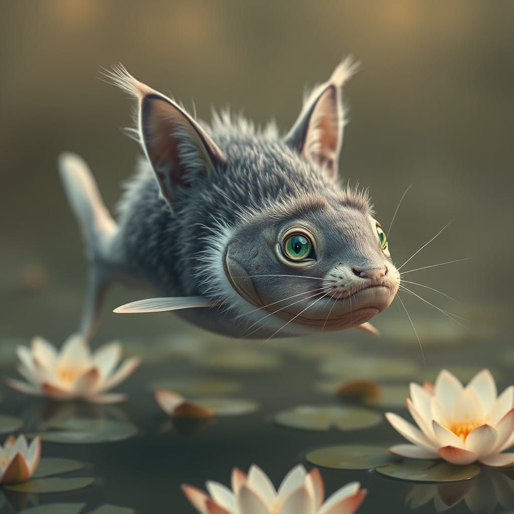 Whiskered Aquatic Feline Hybrid in Surrealist Aquatic Scene