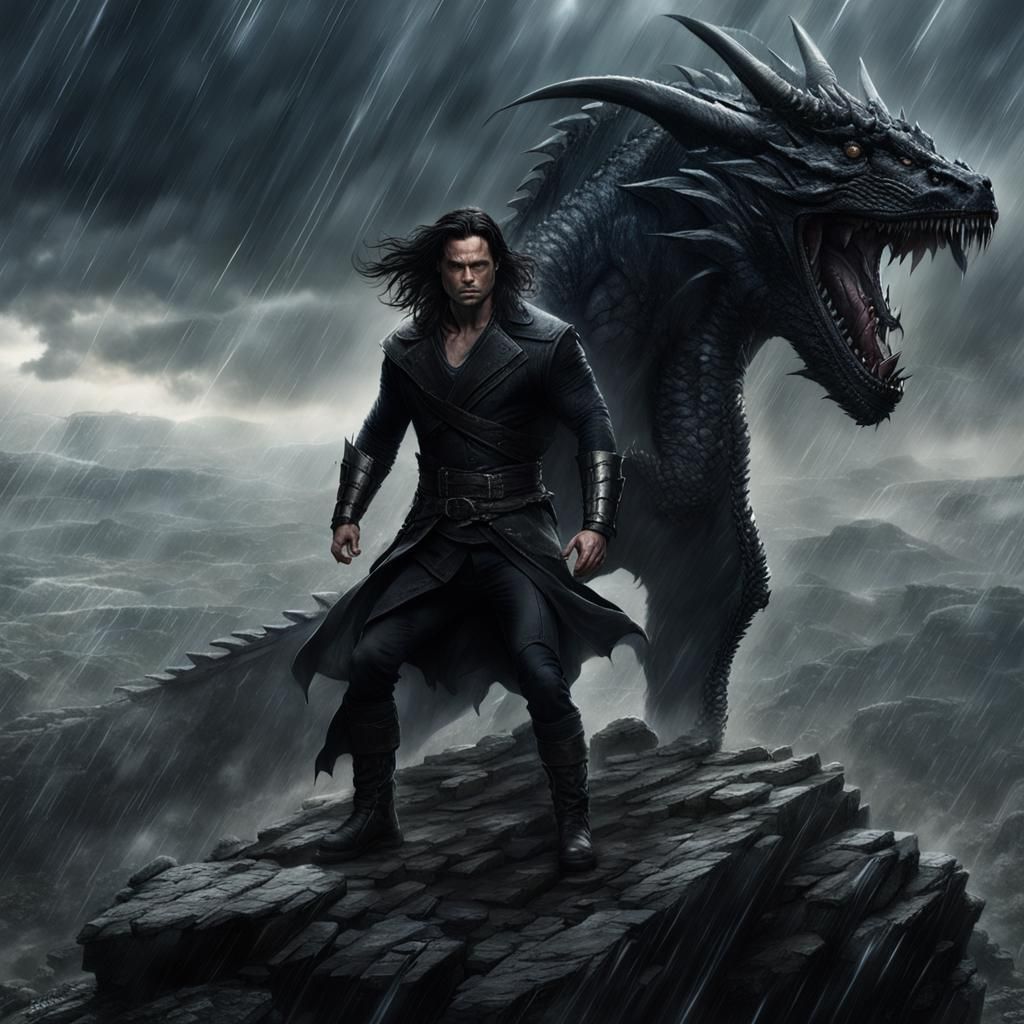 Sorcerer with Dragon Power in Stormy Mountain Landscape