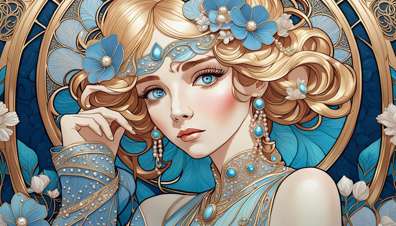 Art Nouveau Woman Portrait with Flowers and Gold