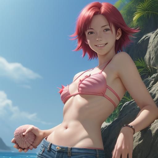 Anime Woman Picking Shells in Studio Ghibli Style