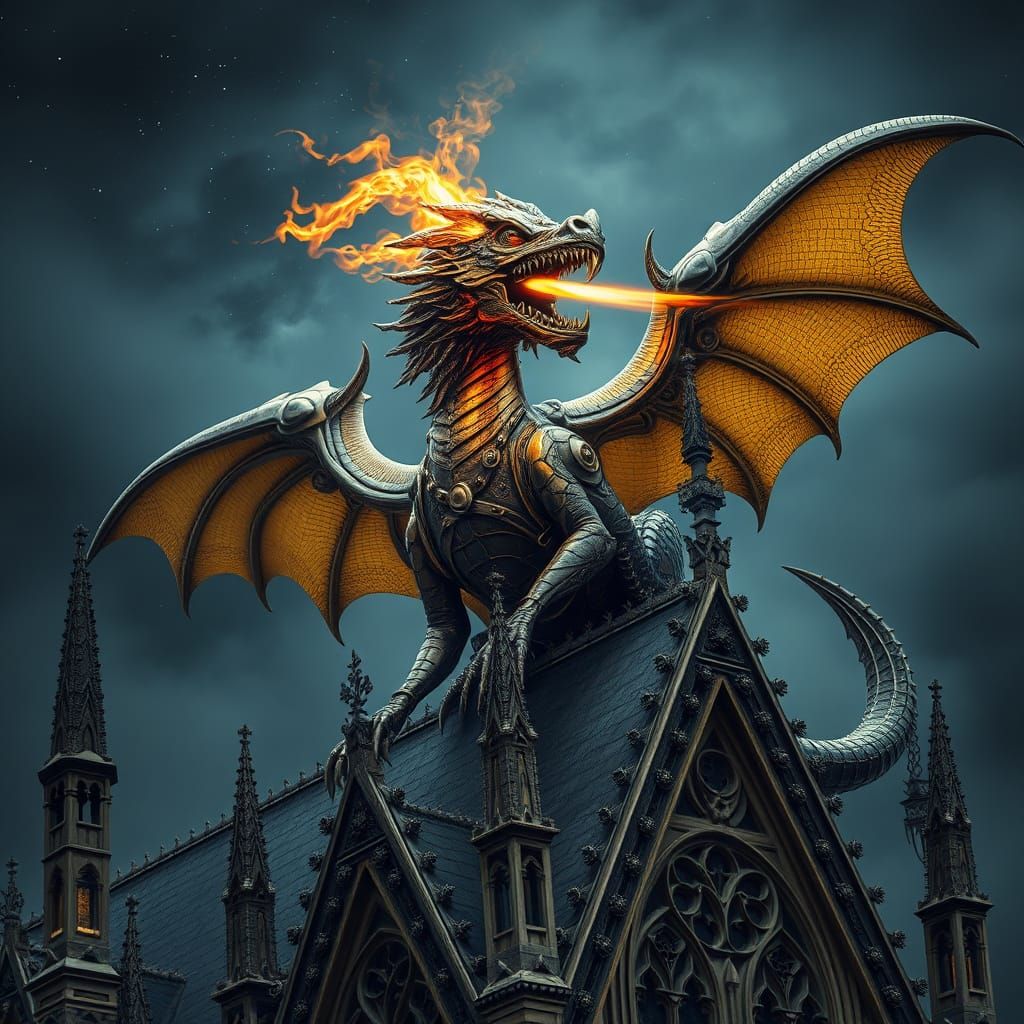 Steampunk Dragon Perched on Gothic Cathedral Roof