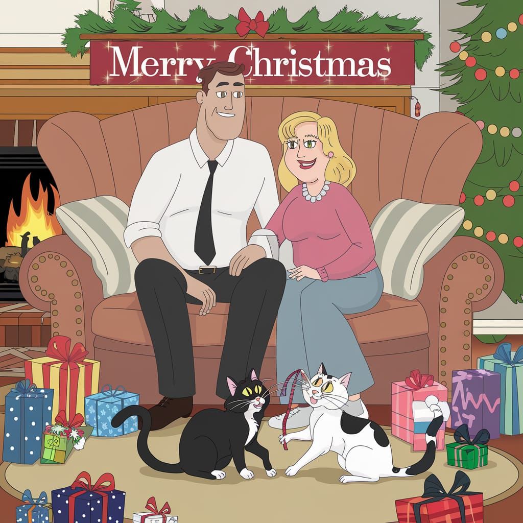 Animated Couple and Cats Celebrate Christmas