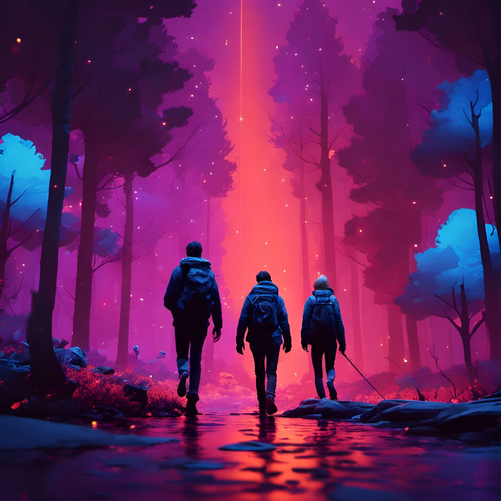 People Walking into Forest at Night: 8K Illustration