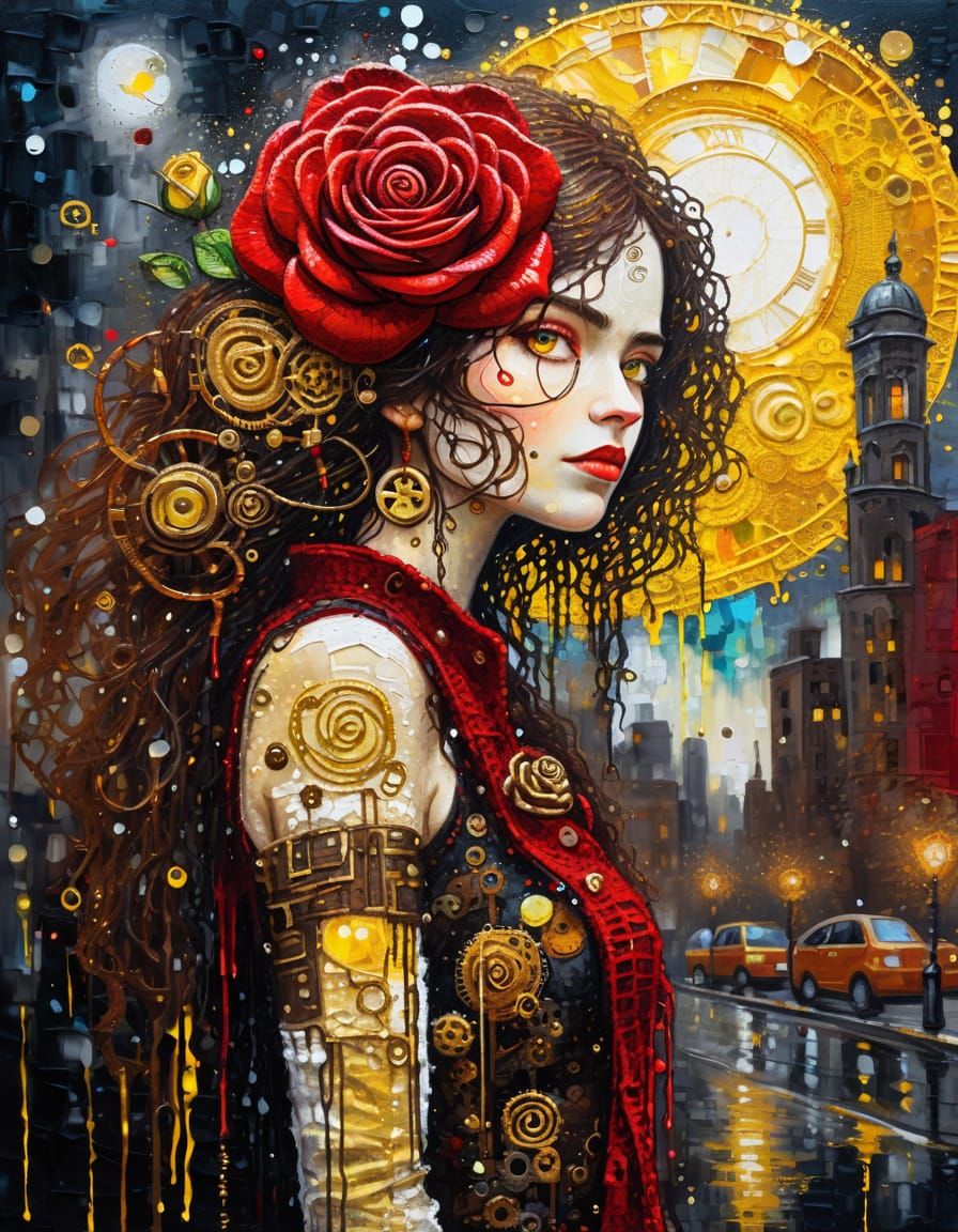Klimt-Inspired Steampunk Rose in Vivid Night City