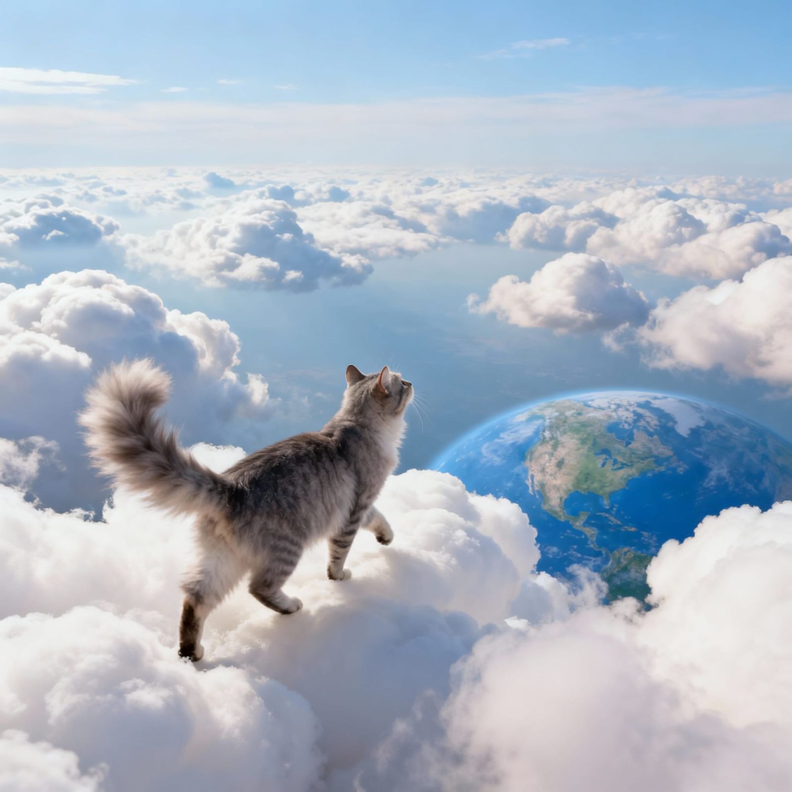 Cat Walks on Sky Clouds Above Earth