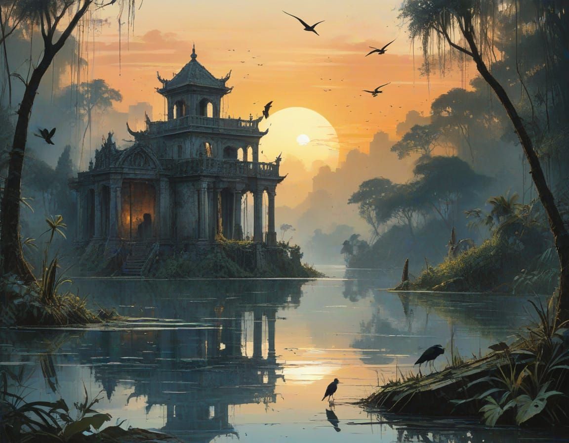 Mysterious Ruined City Reflected in Lake, Jungle Sunset with...