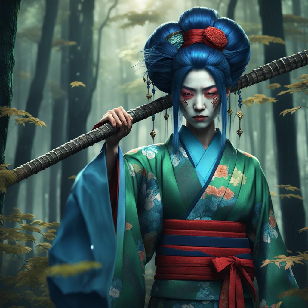Geisha Assassin in Forest, Detailed Matte Painting