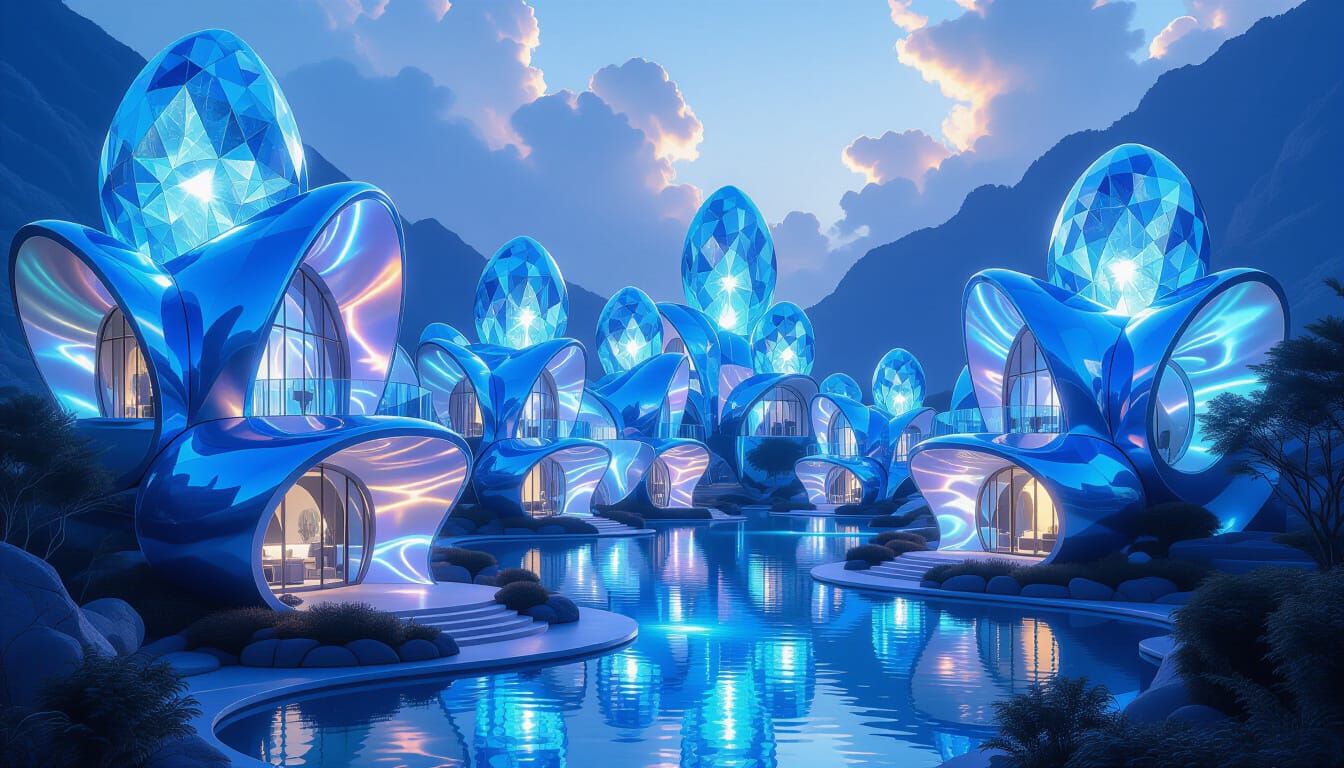 Sapphire and Pearl Houses in Ethereal Glow