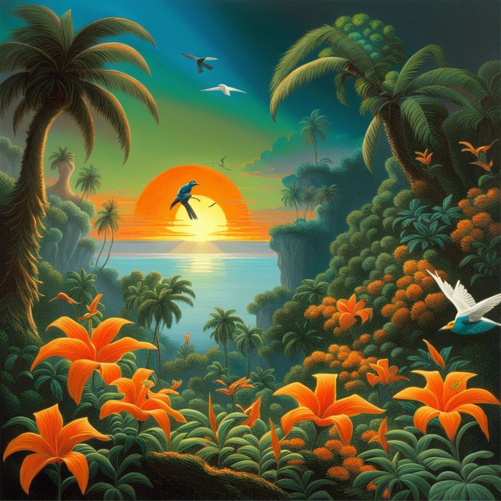 Tropical Mayan Forest with Nebula Sunrise