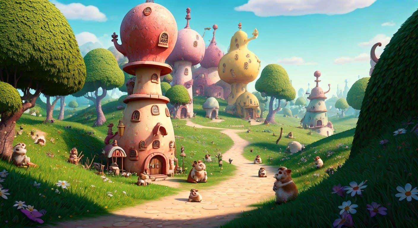 Vibrant Fantasy Village in Dr. Seuss Style with Cute Hamster...