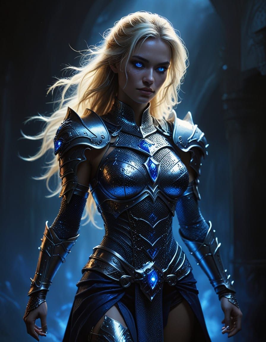Dark Fantasy Warrior with Mithril Armor and Blue Glowing Eye...