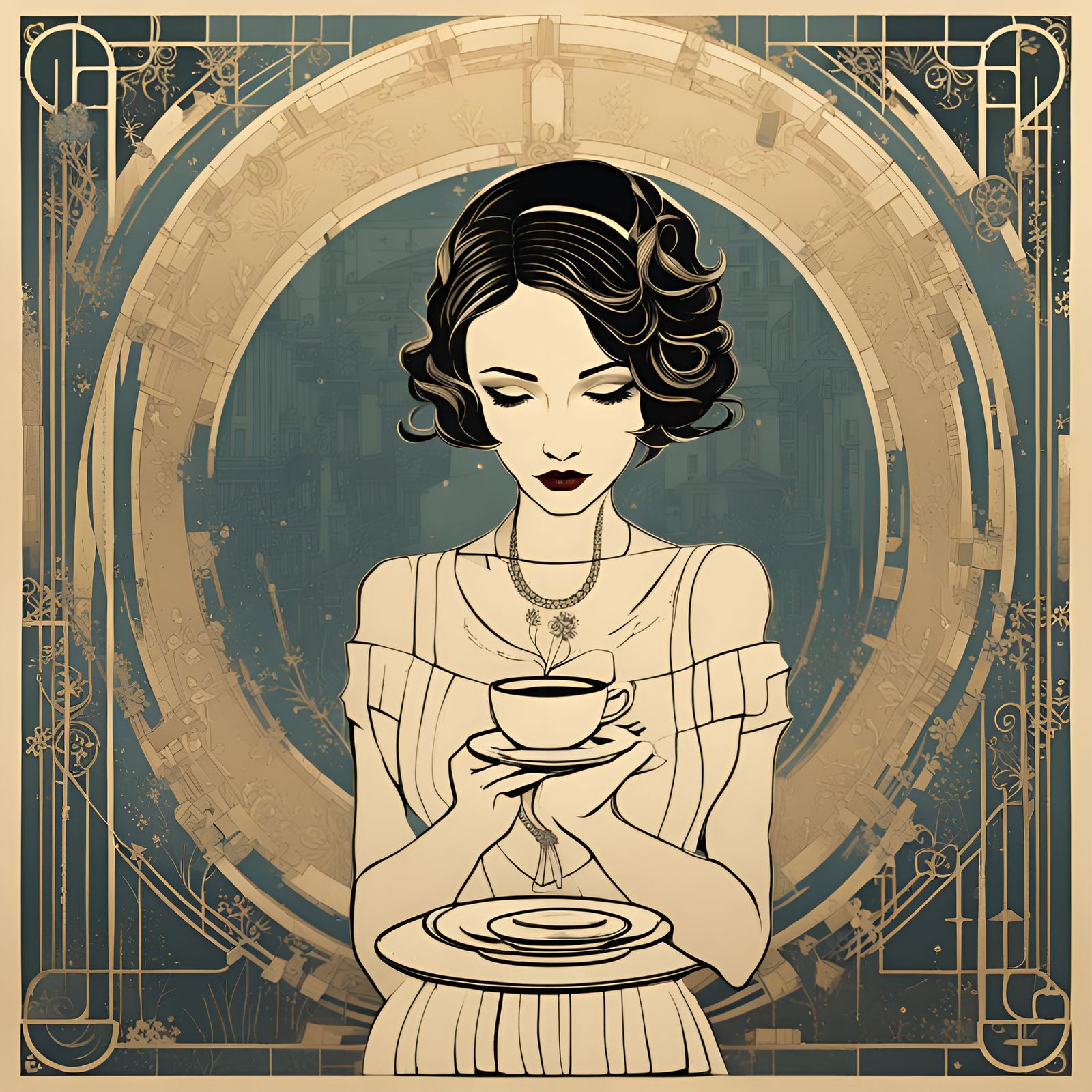 Art Deco Cafe Scene in Symmetrical Vector Art