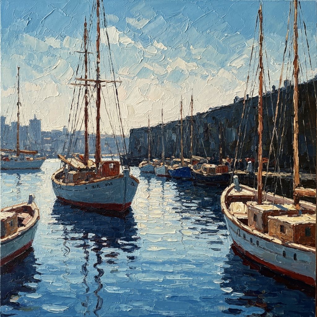 Busy Harbour Scene in Impasto Style
