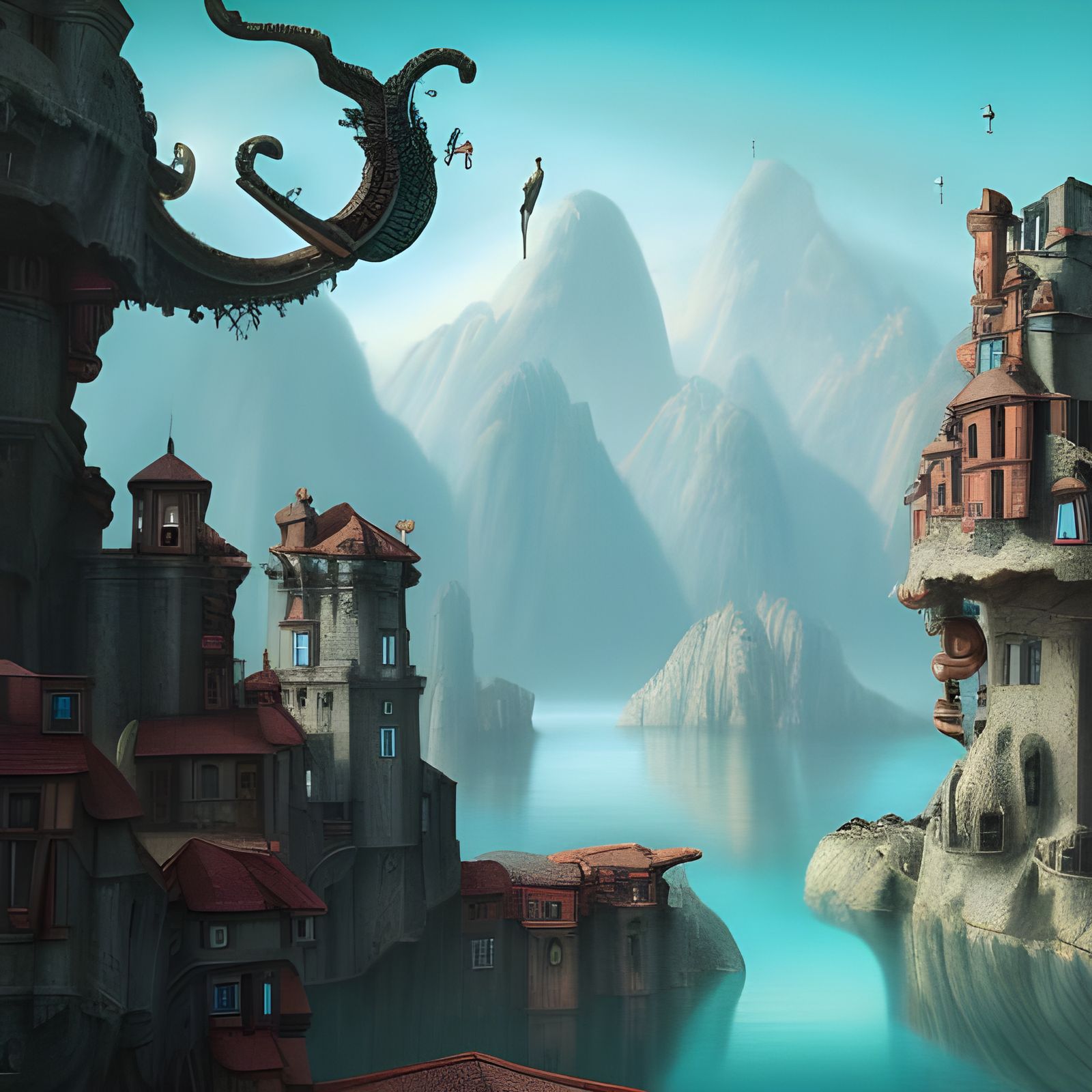 Surreal Island City Art: Escher and Dali Fusion