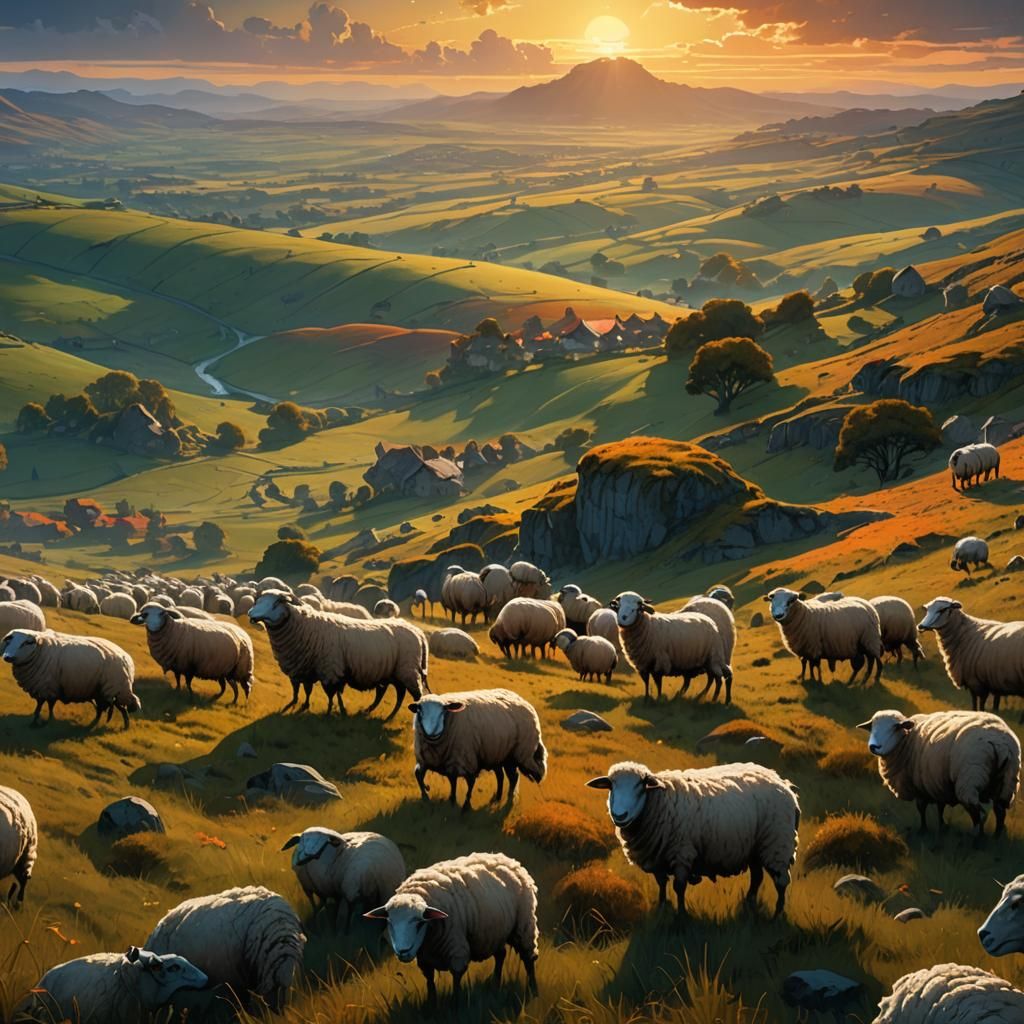 Sunset Sheep in Rolling Countryside: Digital Matte Painting