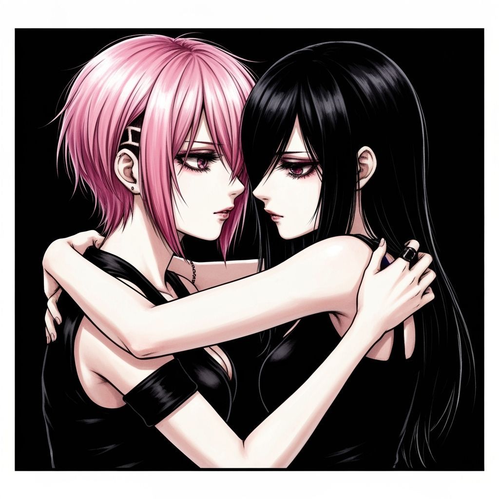 Emo Anime Girls Embrace in Gothic Style