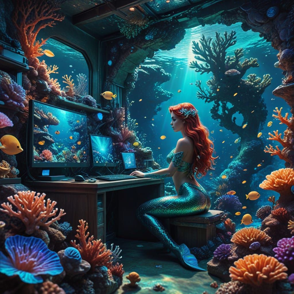 Underwater Mermaid Artist at Work in a Vibrant Cosmic Studio