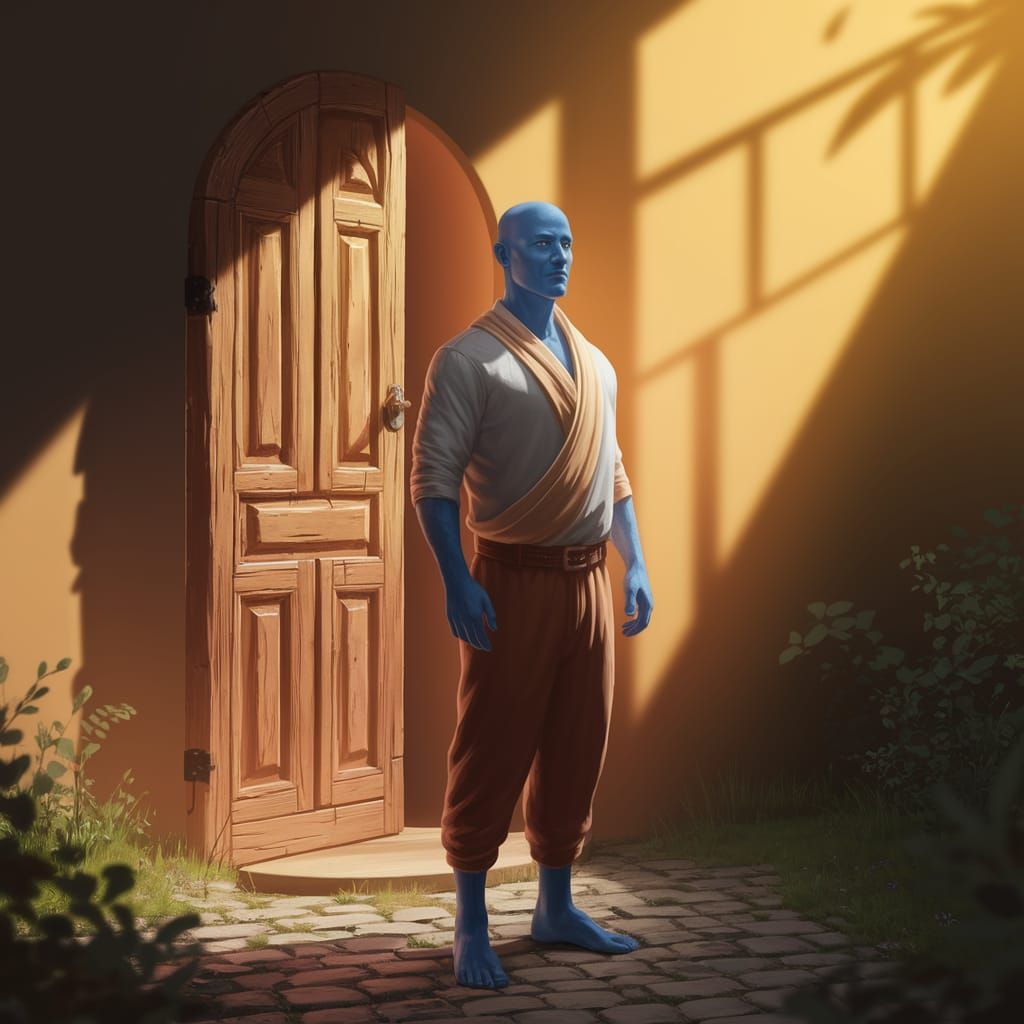Blue Man with Doorway in Forehead: Digital Art