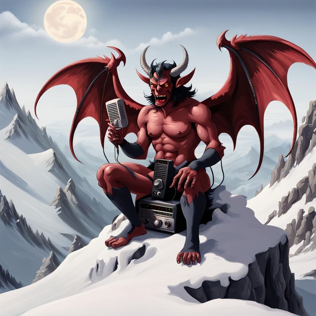 Winged Demon Listens to Radio on Snowy Mountain