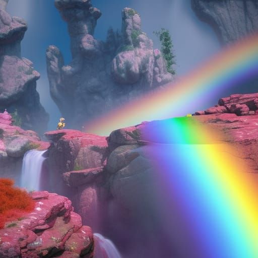 Pastel Rainbow Waterfall with Flying Pigs, Detailed Fantasy ...