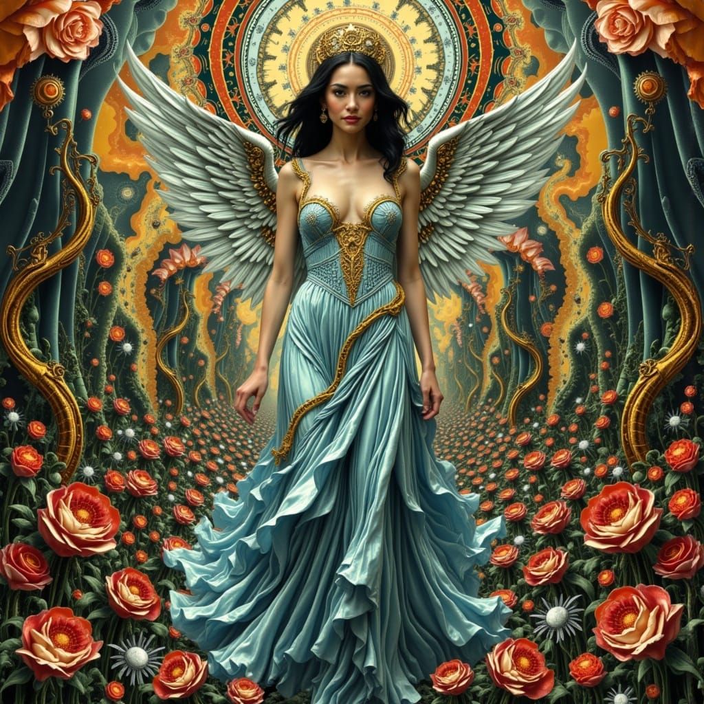 Dreamy Psychedelic Queen in Vibrant Florals and Iridescent G...