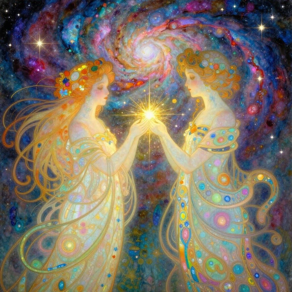 Ethereal Beings in Galactic Embrace with Golden Light