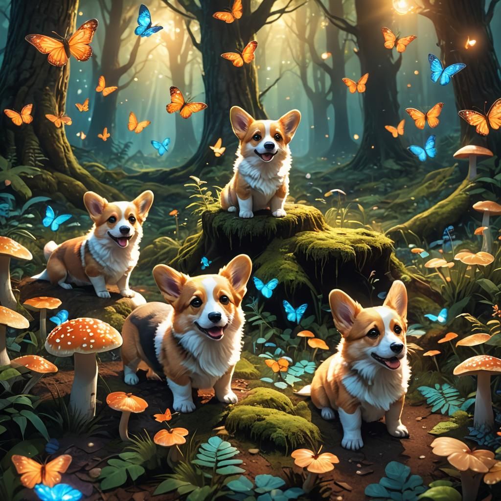 Corgi Puppies Play in Mystical Forest: Fantasy Art