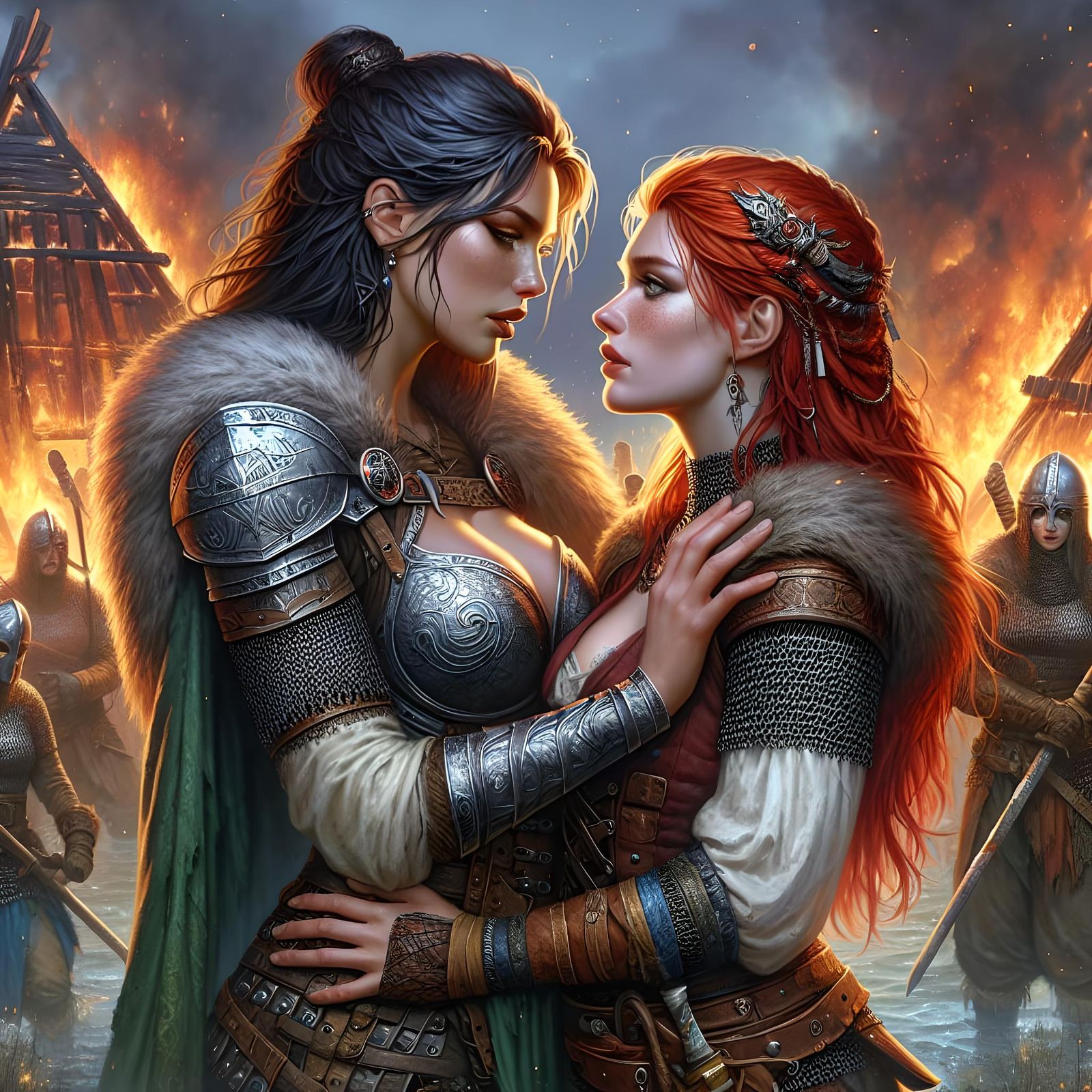 Viking Warrior Women's Love in Burning Village