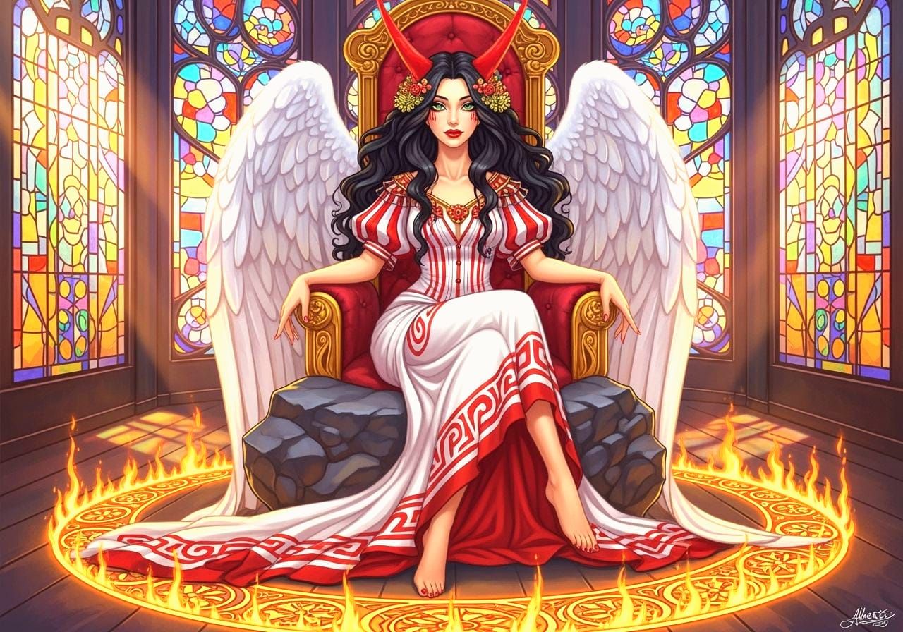 Fiery Art Nouveau Woman on Velvet Throne